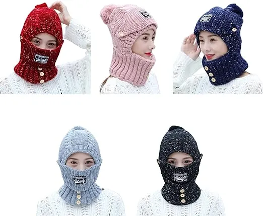 3 in 1 Knitted Hat Winter Warm Beanies Cold Protection Mouth Mask