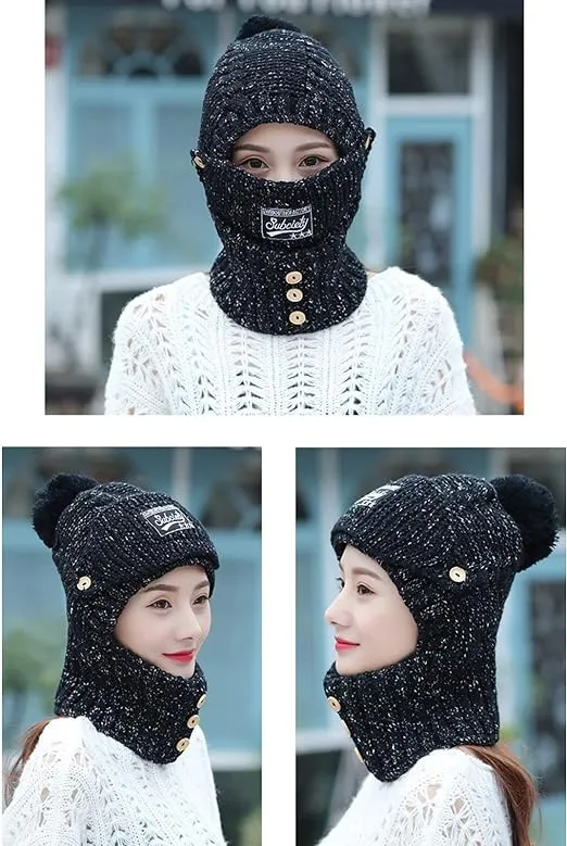 3 in 1 Knitted Hat Winter Warm Beanies Cold Protection Mouth Mask