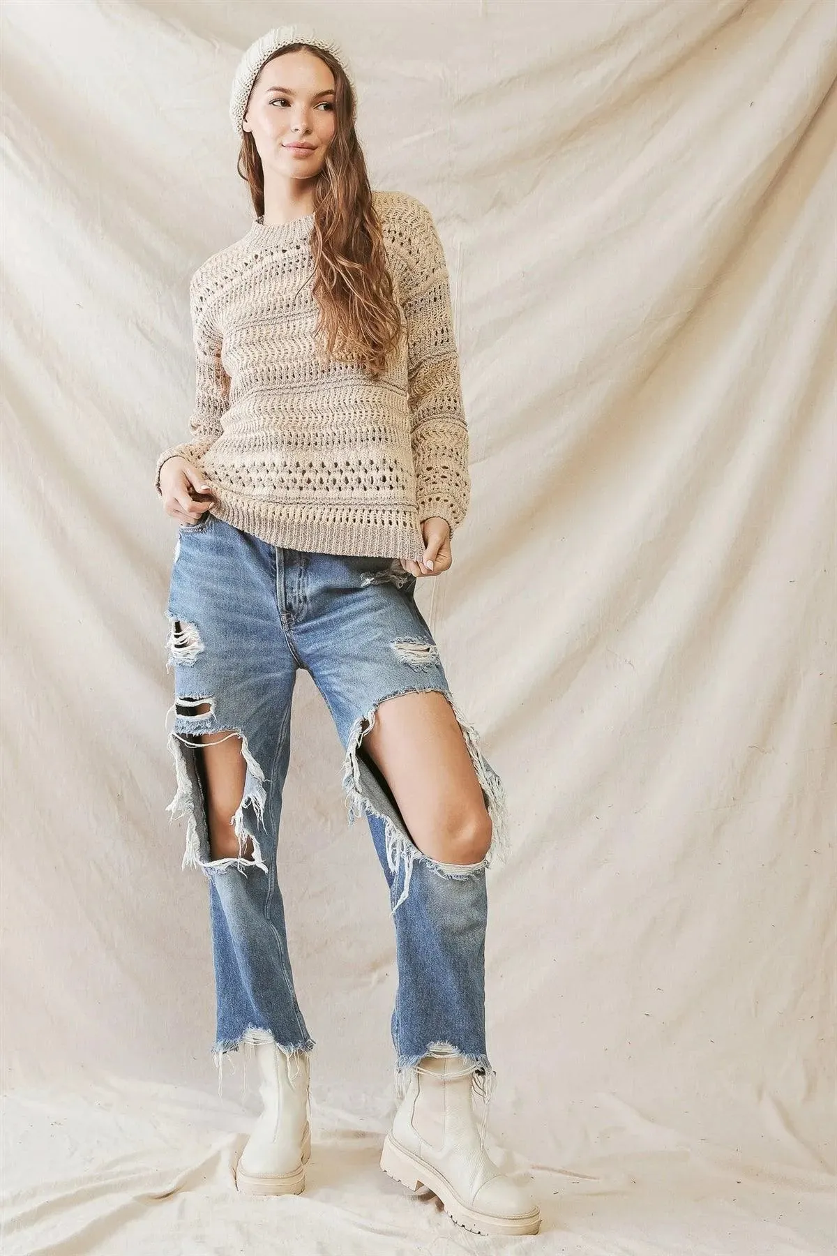 Beige Knit Crew Neck Long Sleeve Sweater /2-3-1