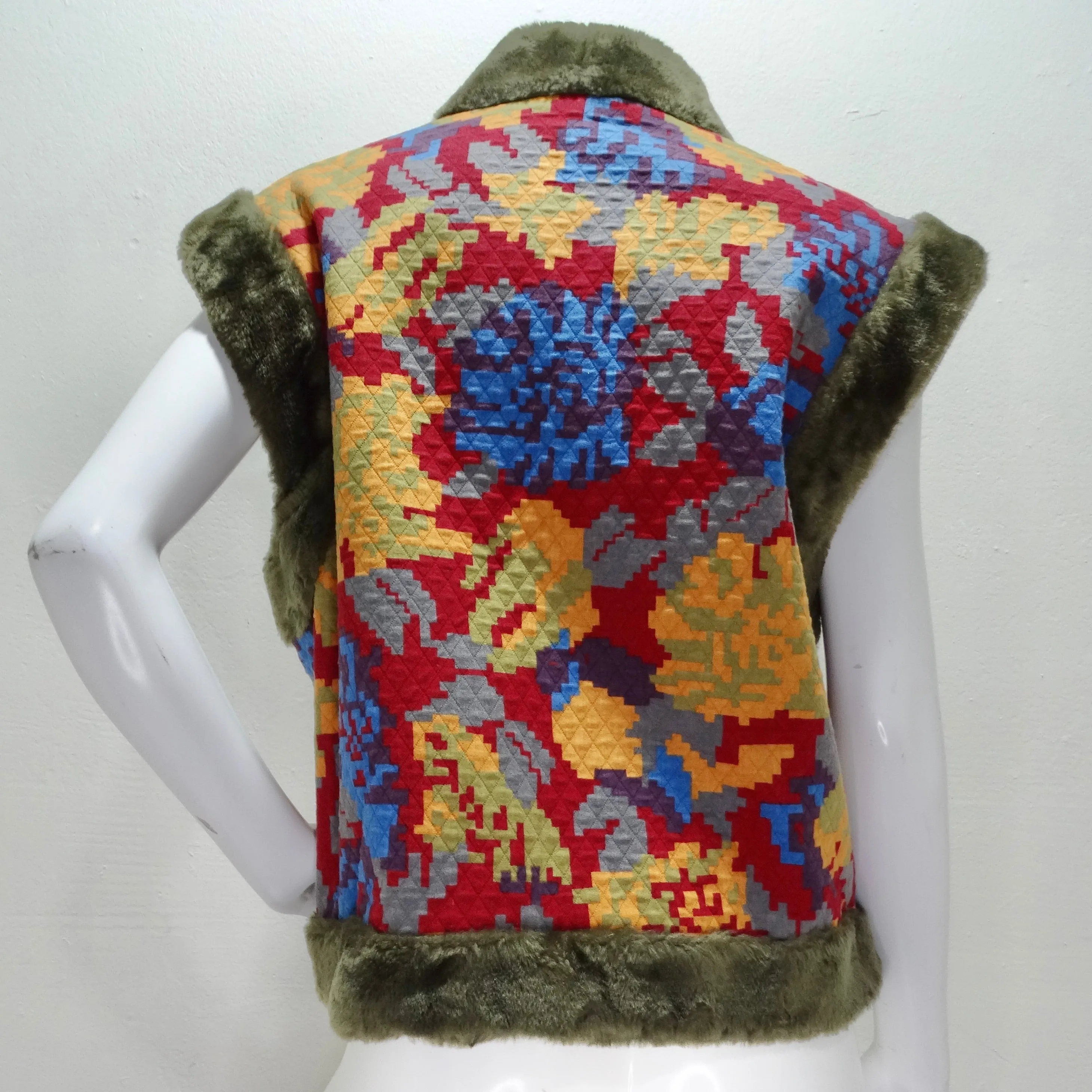 Bis Bis Vintage Faux Fur Lined Quilted Rosette Vest