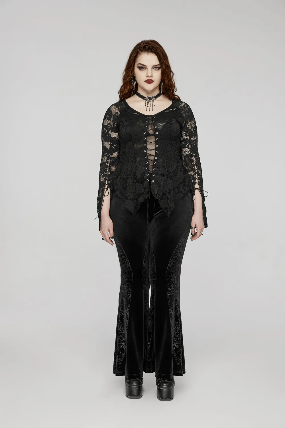 Black Gothic Velvet Flared Pants with Embossed Detailing