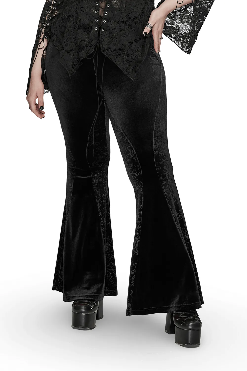 Black Gothic Velvet Flared Pants with Embossed Detailing