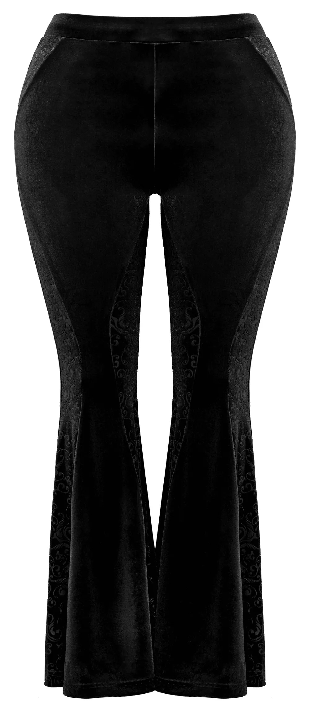 Black Gothic Velvet Flared Pants with Embossed Detailing