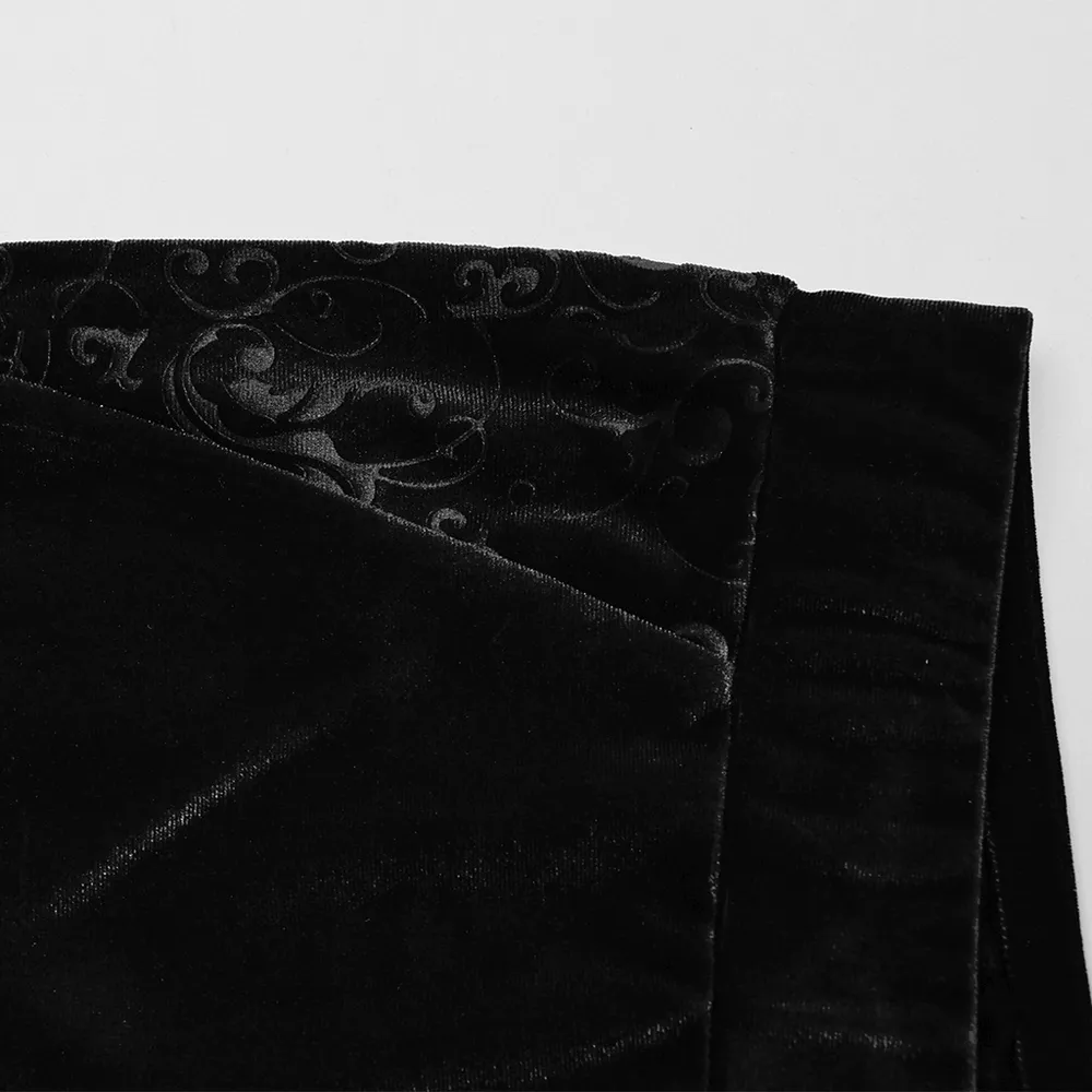 Black Gothic Velvet Flared Pants with Embossed Detailing