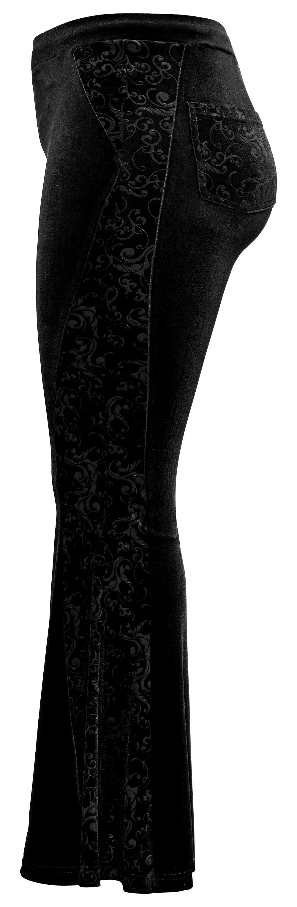 Black Gothic Velvet Flared Pants with Embossed Detailing