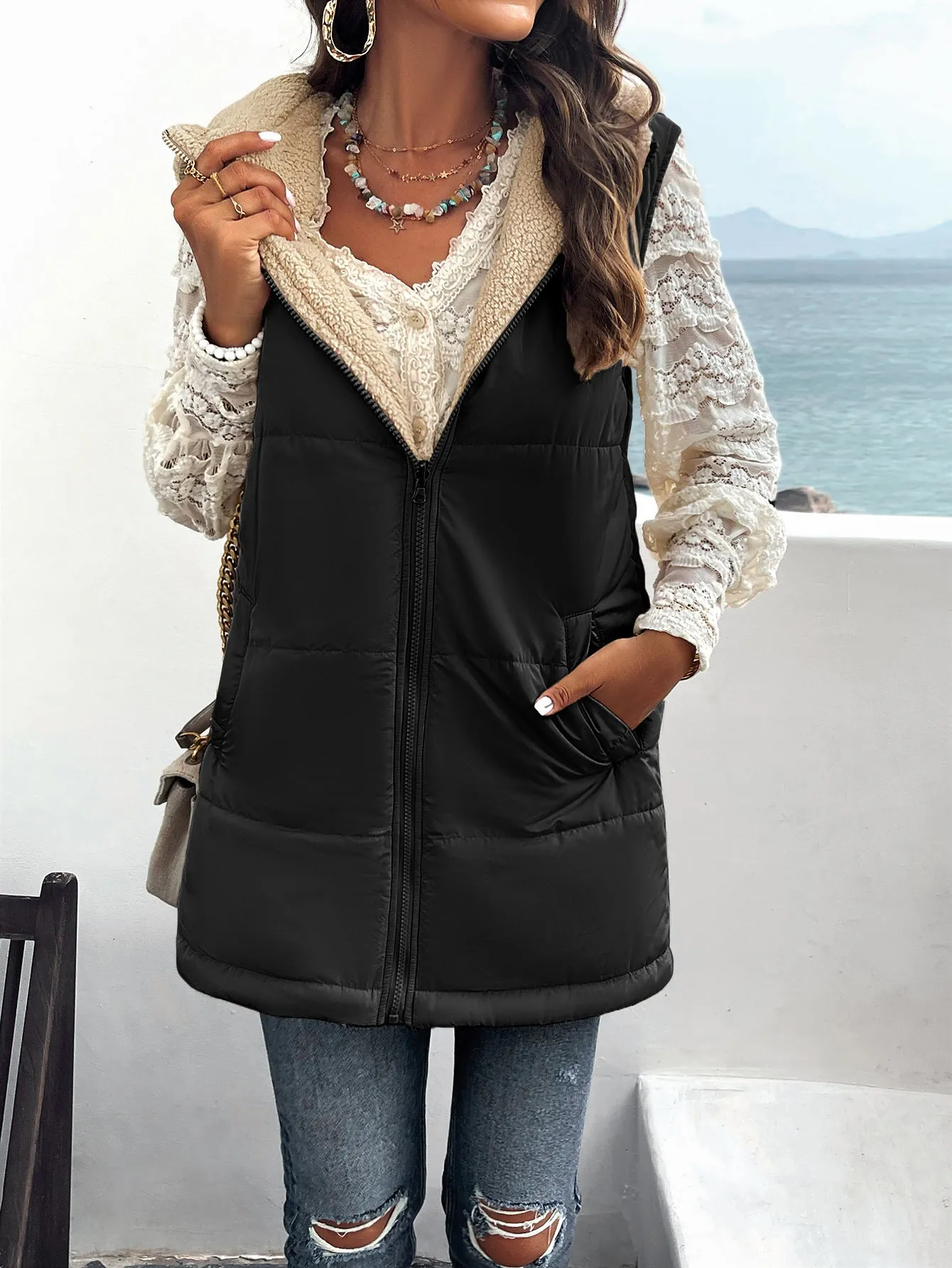 Black Women's Vest Sleeveless Fleece Jacket Zip Hoodie