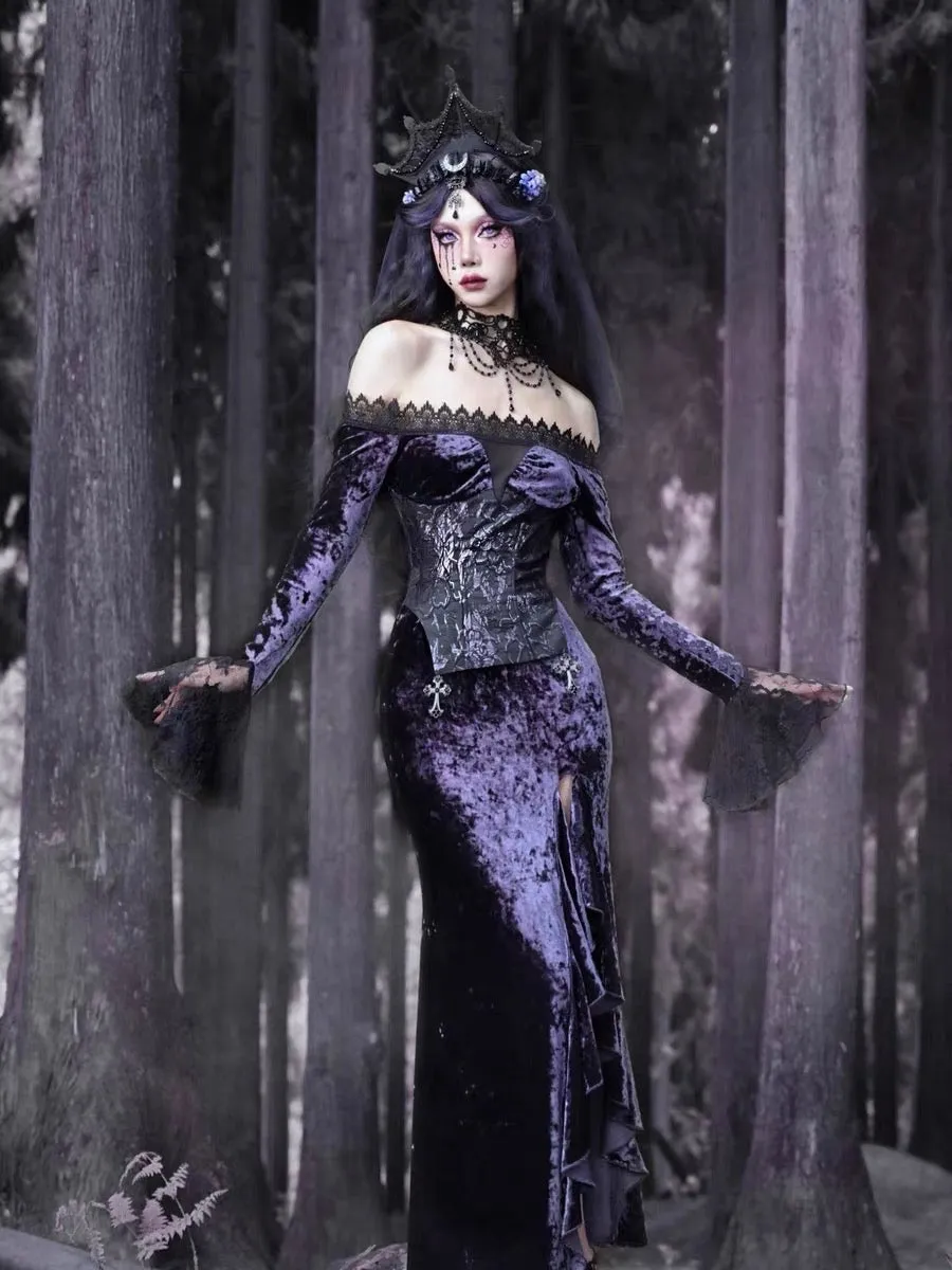 [Blood Supply]Moon Goddess Off-Shoulder Velvet Halloween Long Dress