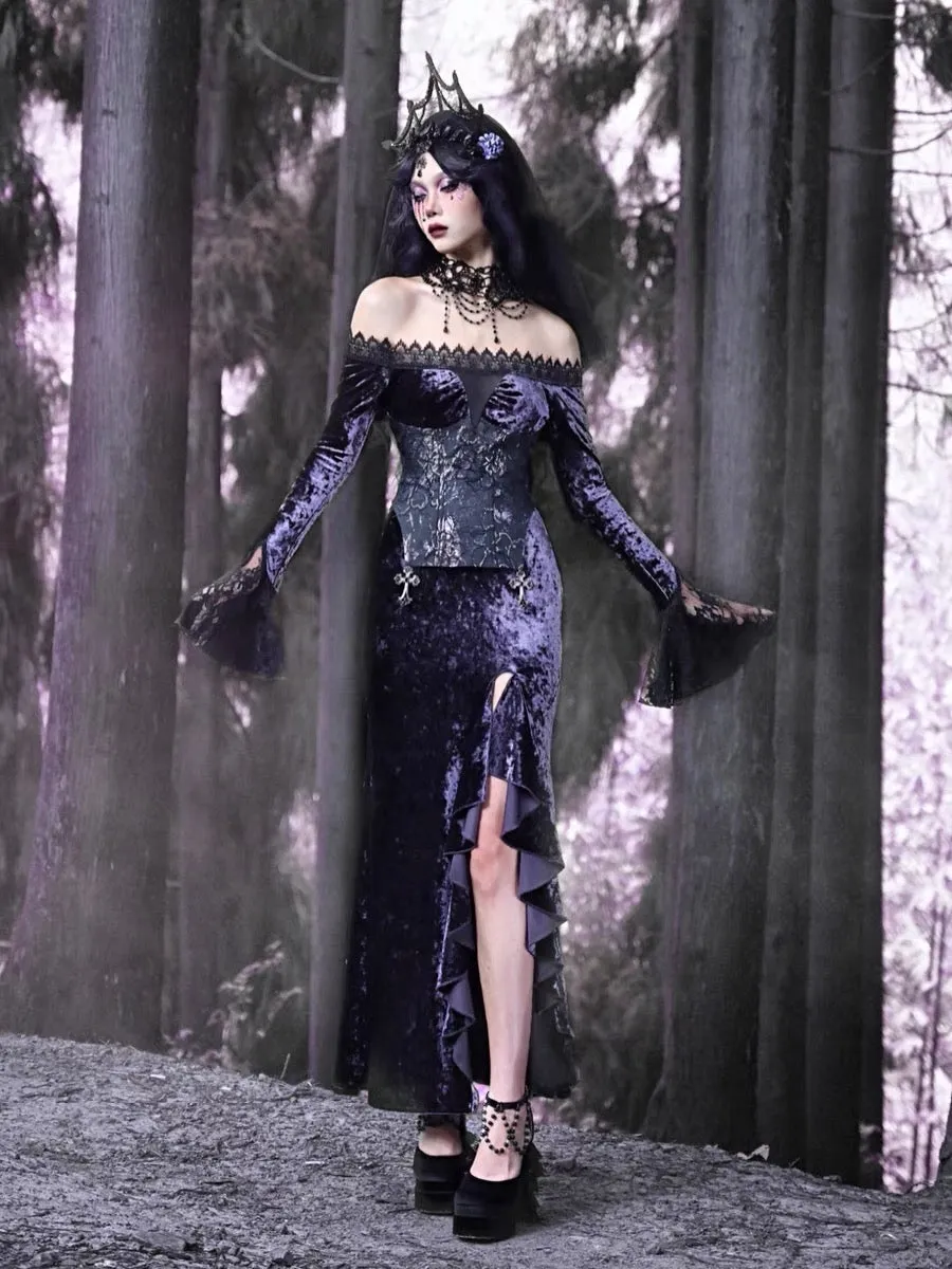 [Blood Supply]Moon Goddess Off-Shoulder Velvet Halloween Long Dress