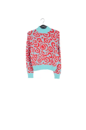 Blue and red leopard-print knit sweater