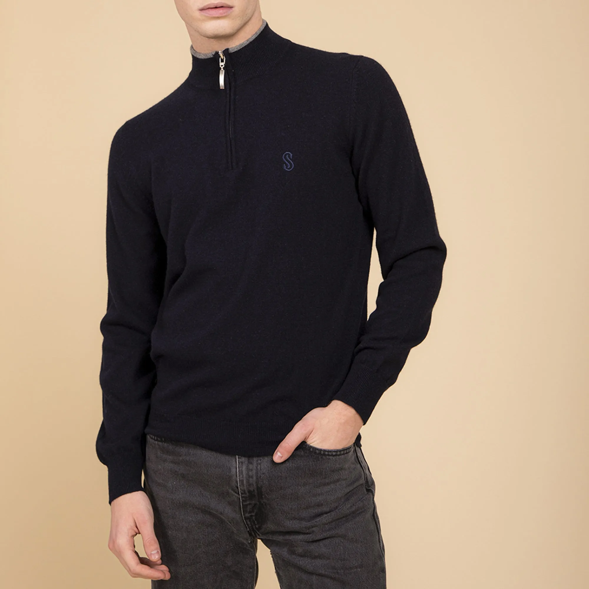 Blue cashmere half zipper pullover Man