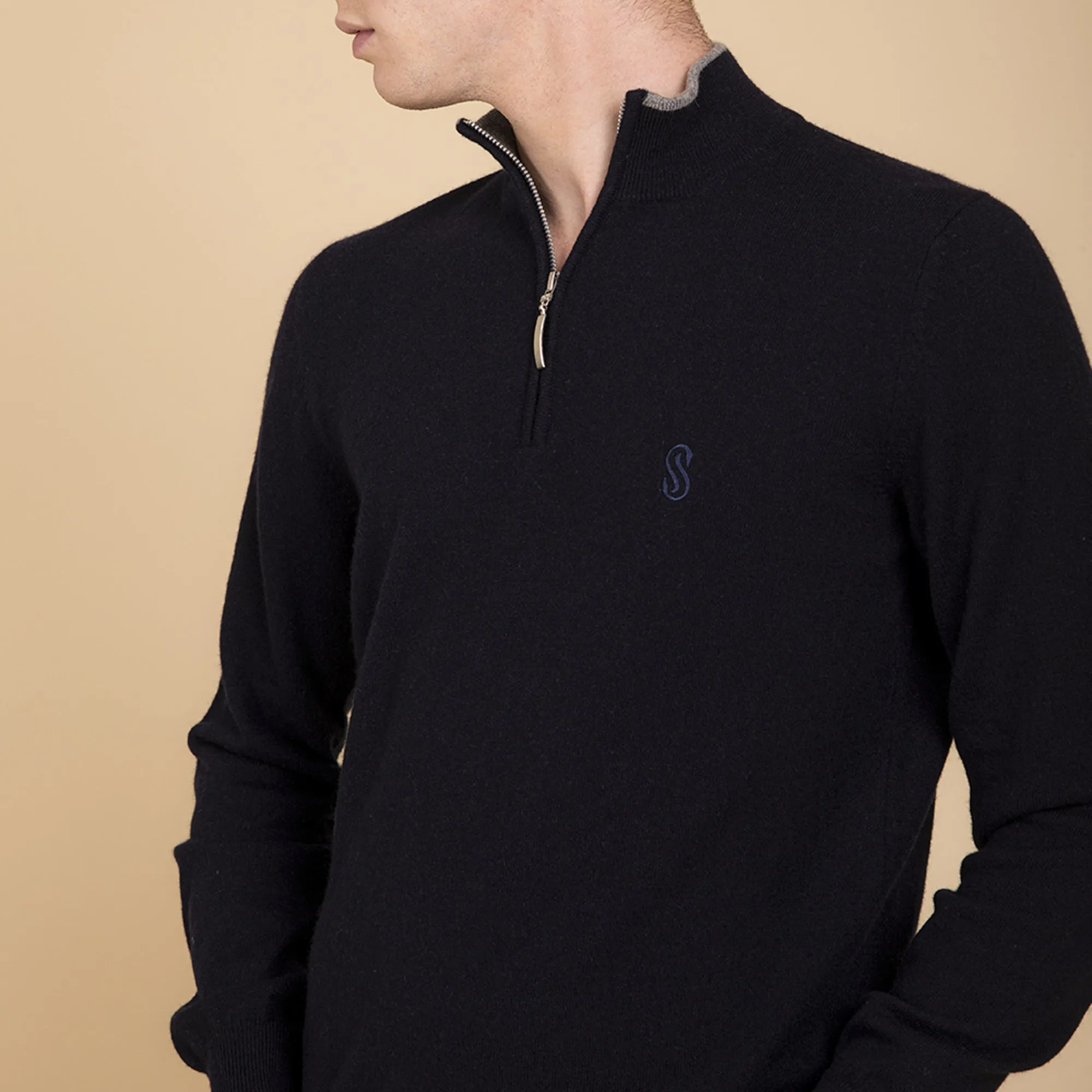 Blue cashmere half zipper pullover Man