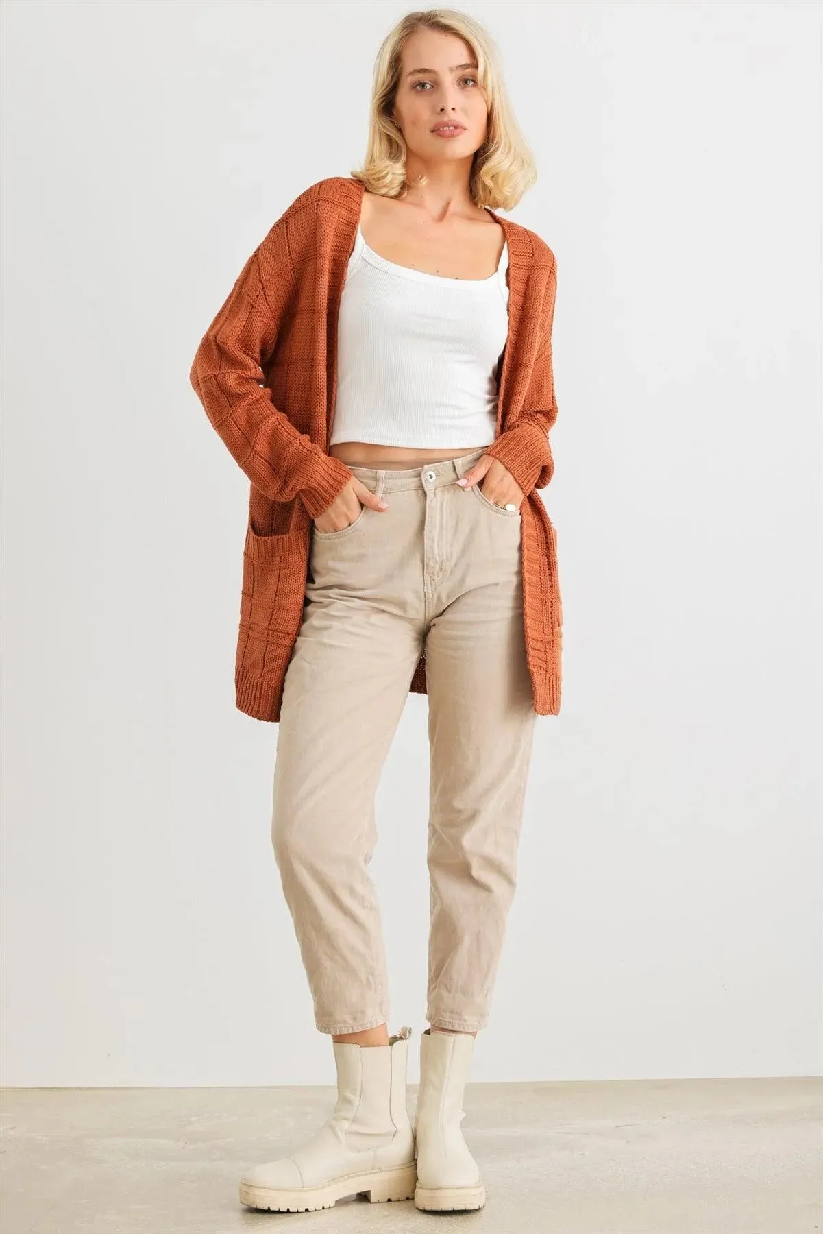 Camel Knit Two Pocket Long Sleeve Open Front Cardigan /2-2-2