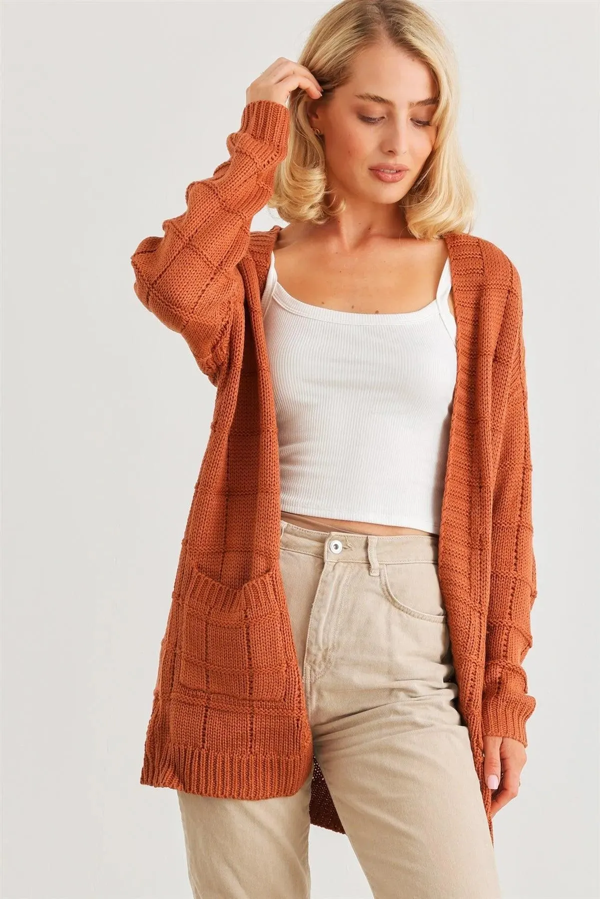 Camel Knit Two Pocket Long Sleeve Open Front Cardigan /2-2-2