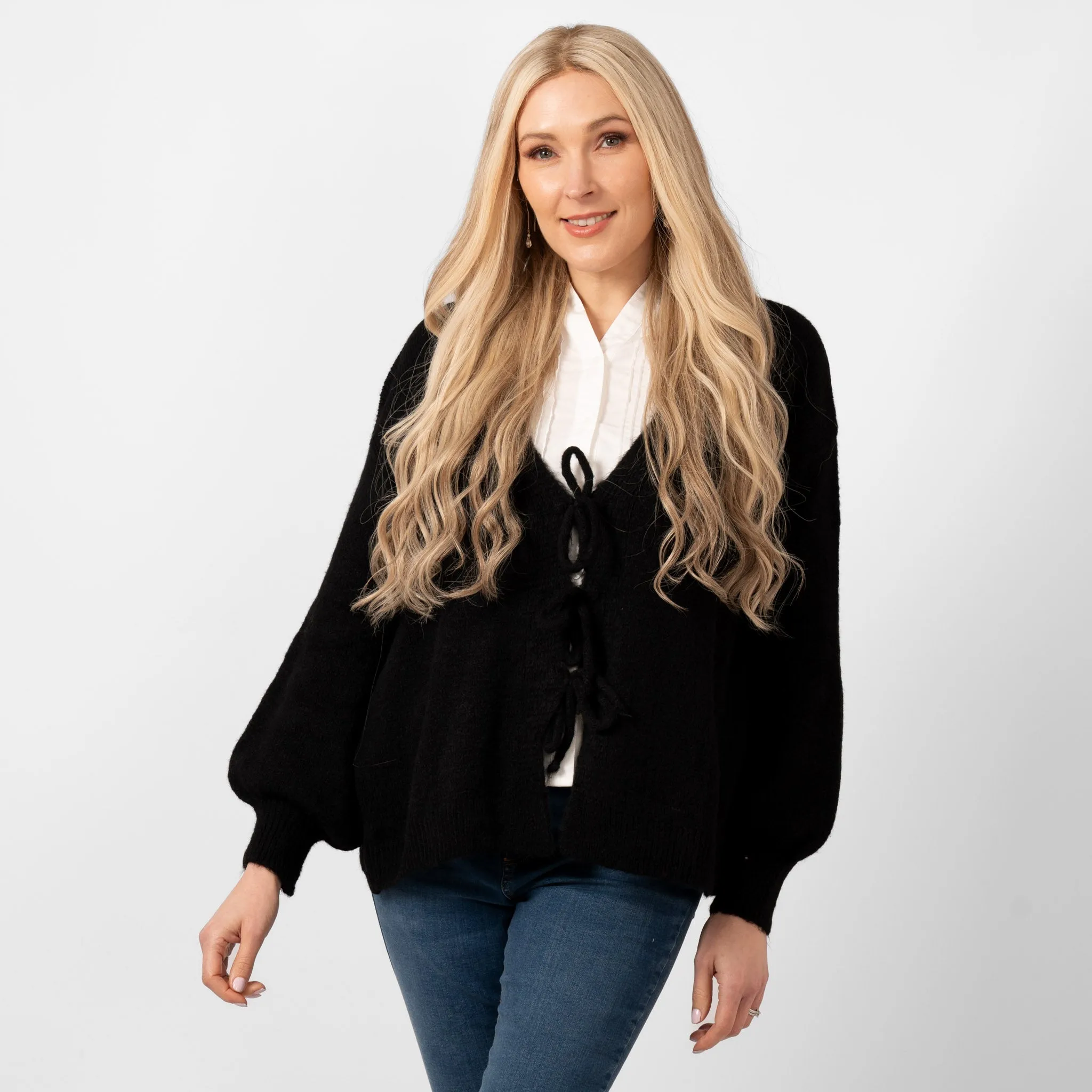 Cassidy Tie Front Wool Blend Cardigan - Black