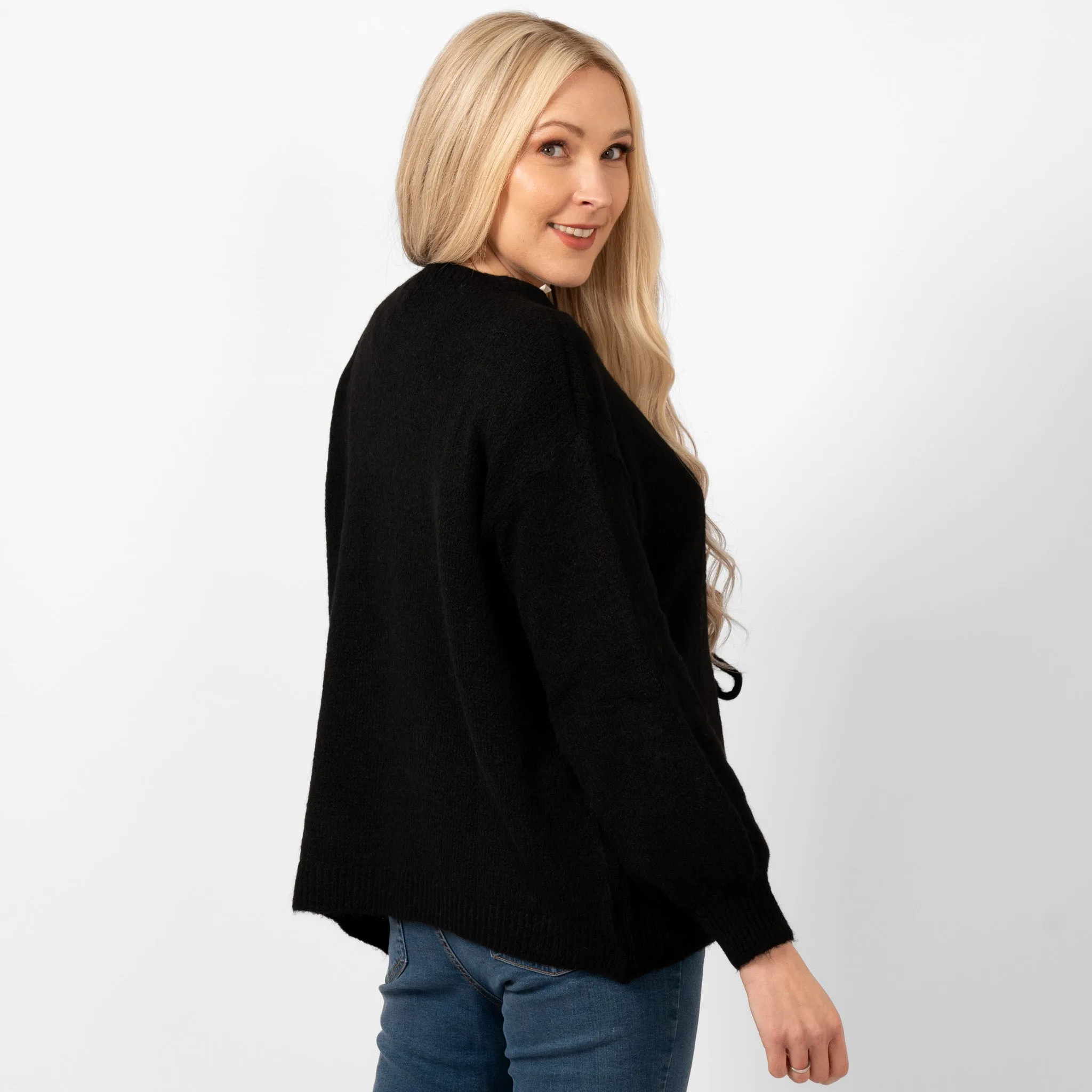 Cassidy Tie Front Wool Blend Cardigan - Black