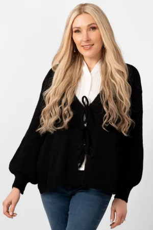 Cassidy Tie Front Wool Blend Cardigan - Black