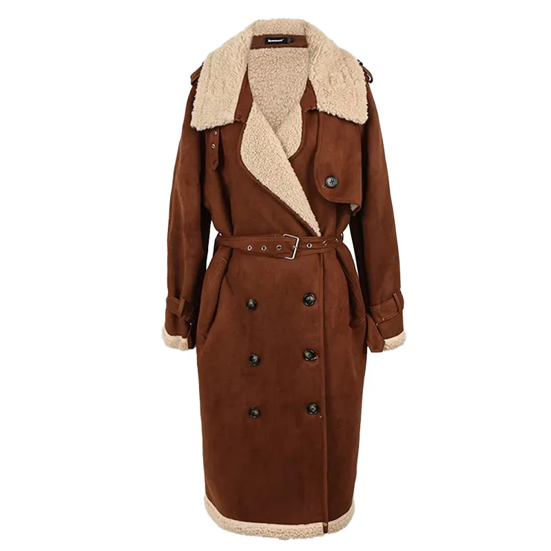 christmas outfit Sonicelife Spring Winter Long Brown Thickened Warm Soft Fake Shearling Coat Women Belt Loose Faux Sheepskin Overcoat 2025