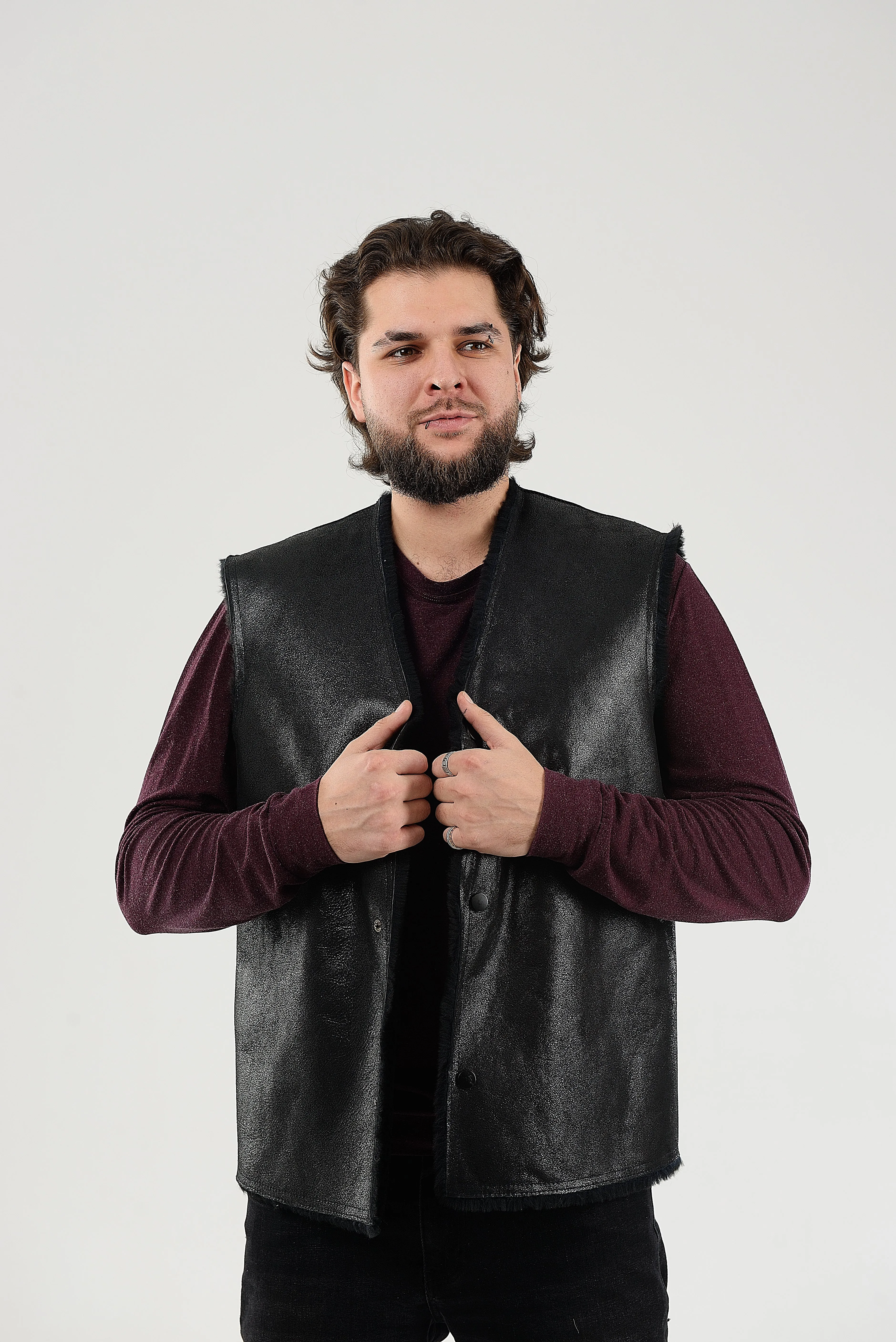 Cowboy Men's Black Thin Sheepskin Vest with Fur Lining and Front Button Closure