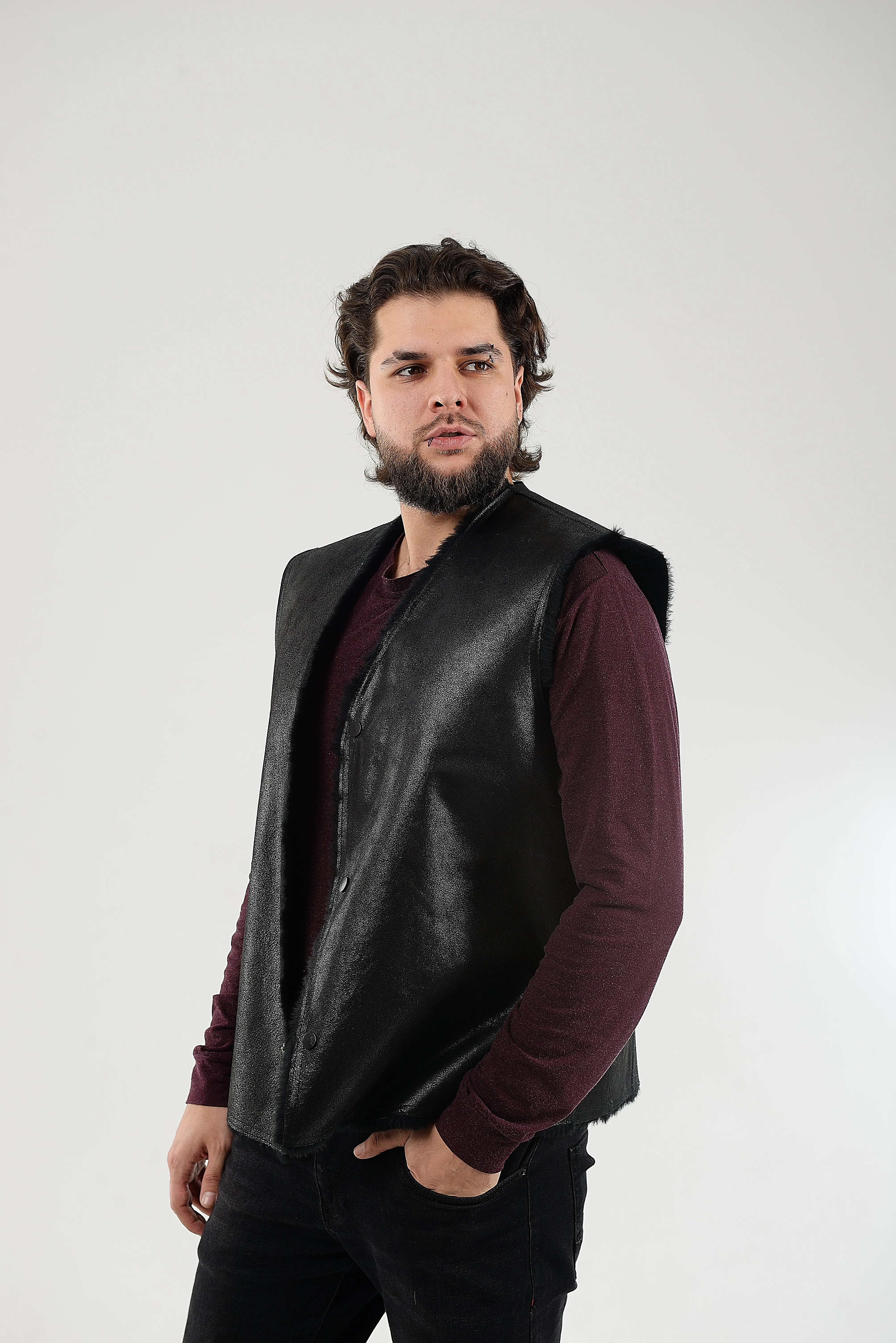 Cowboy Men's Black Thin Sheepskin Vest with Fur Lining and Front Button Closure