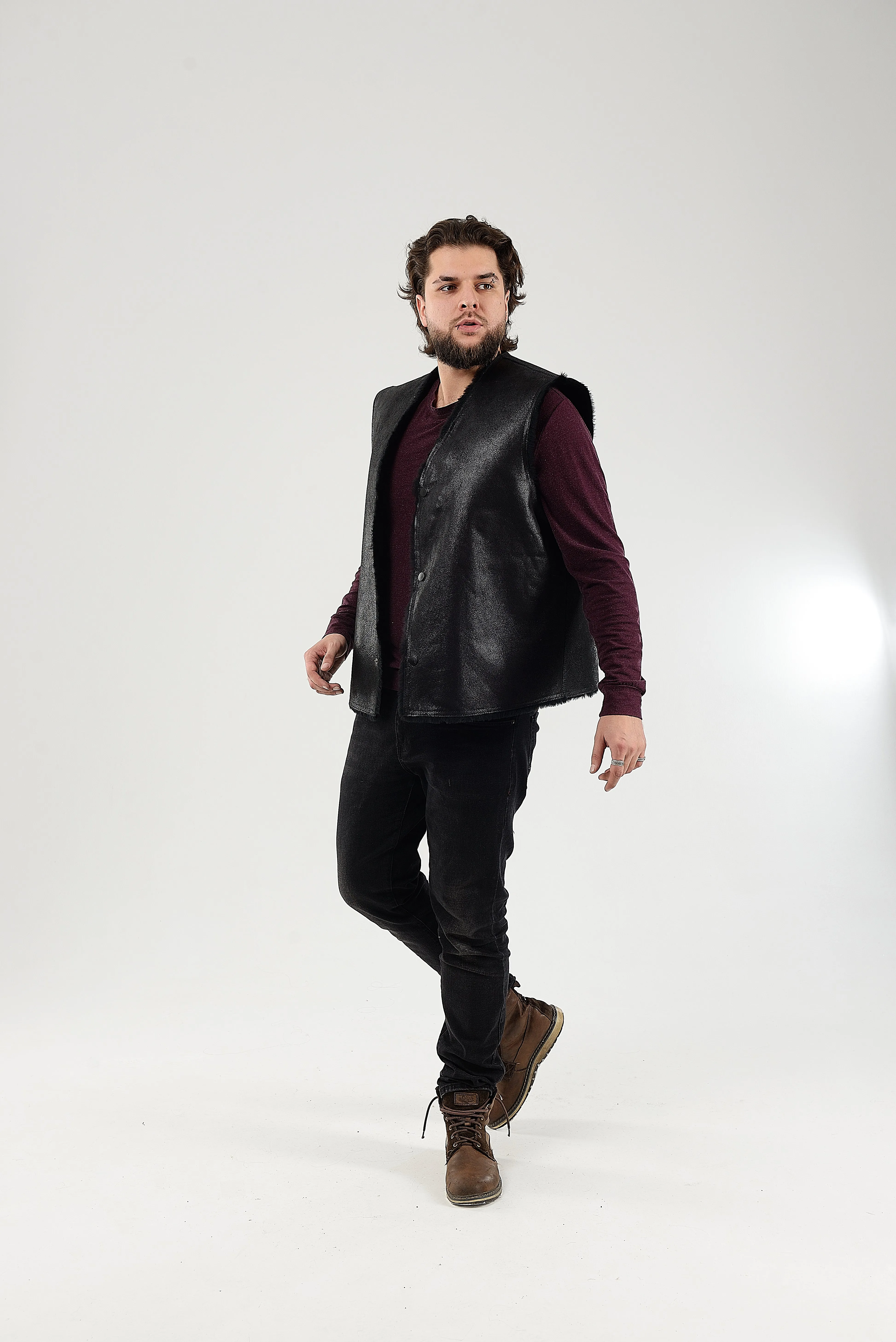 Cowboy Men's Black Thin Sheepskin Vest with Fur Lining and Front Button Closure