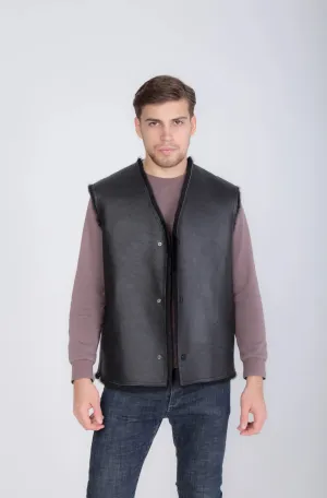 Cowboy Men's Black Thin Sheepskin Vest with Fur Lining and Front Button Closure