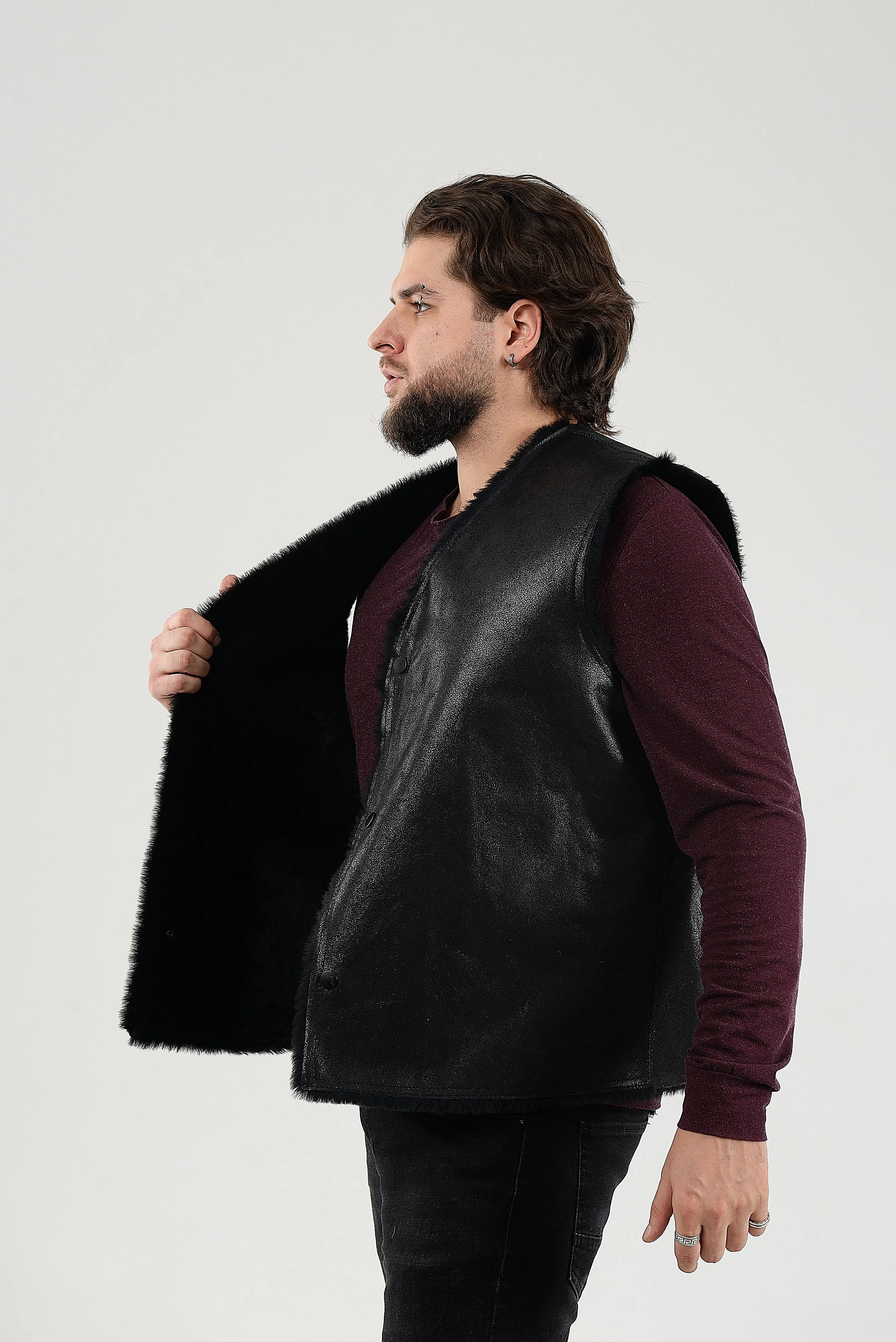 Cowboy Men's Black Thin Sheepskin Vest with Fur Lining and Front Button Closure