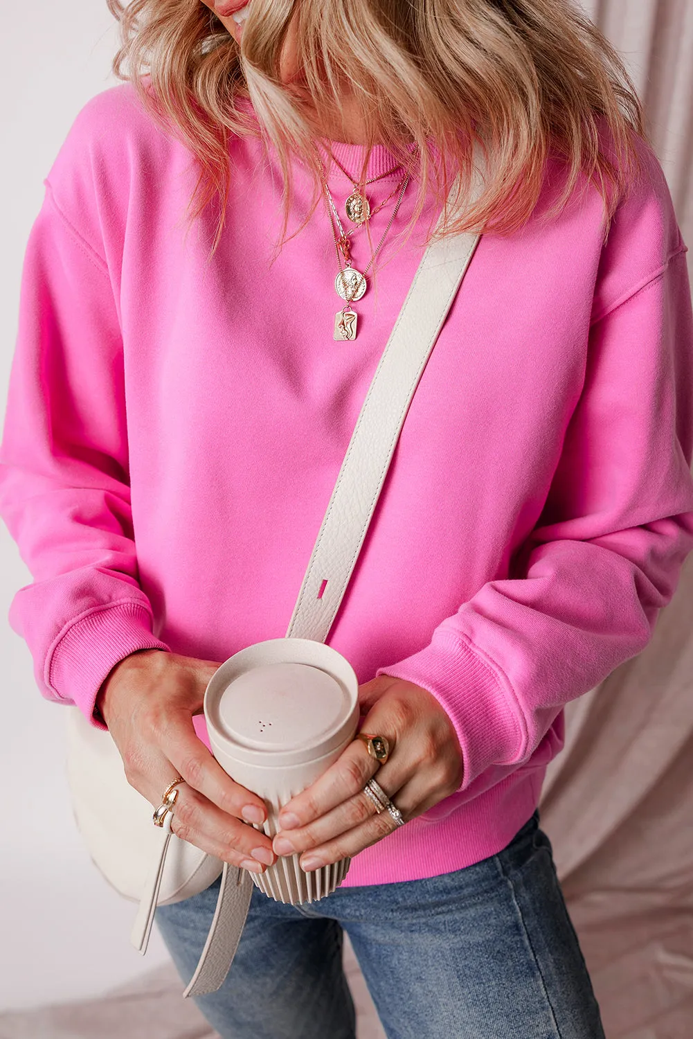 Cozy Meadow Mauve Fleece-Lined Drop Shoulder Terry Sweatshirt