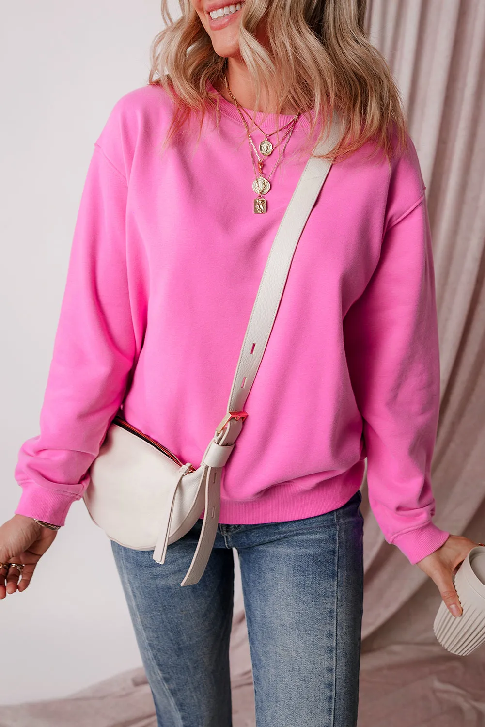 Cozy Meadow Mauve Fleece-Lined Drop Shoulder Terry Sweatshirt