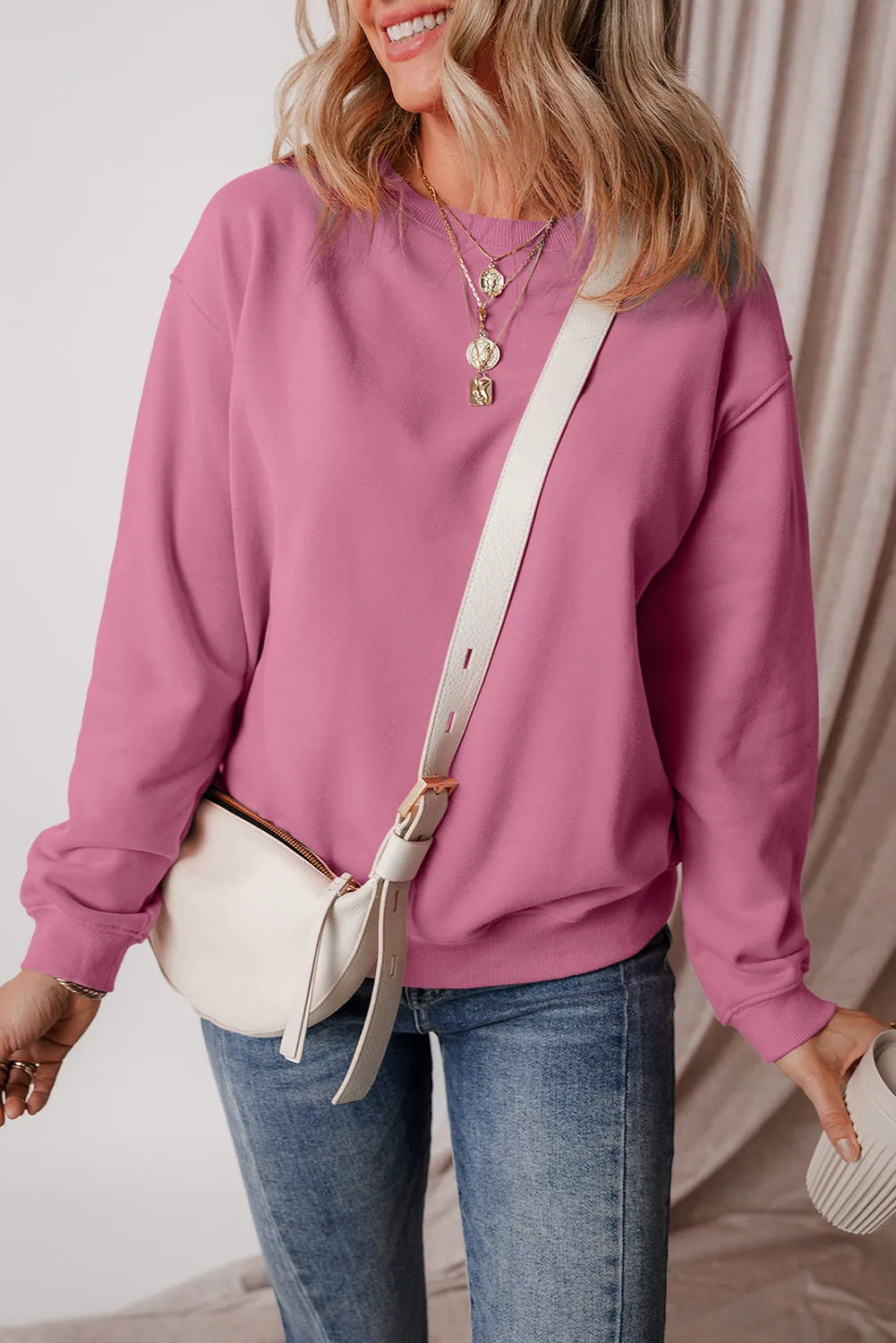 Cozy Meadow Mauve Fleece-Lined Drop Shoulder Terry Sweatshirt