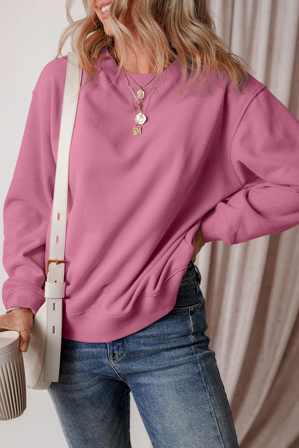 Cozy Meadow Mauve Fleece-Lined Drop Shoulder Terry Sweatshirt