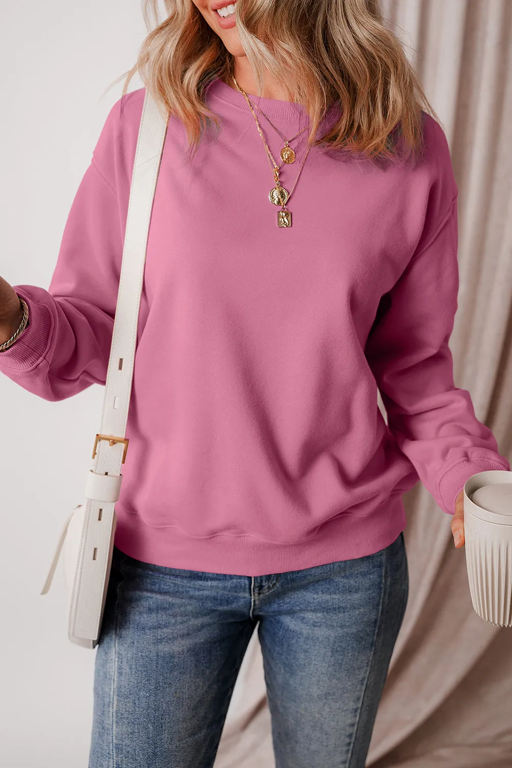 Cozy Meadow Mauve Fleece-Lined Drop Shoulder Terry Sweatshirt