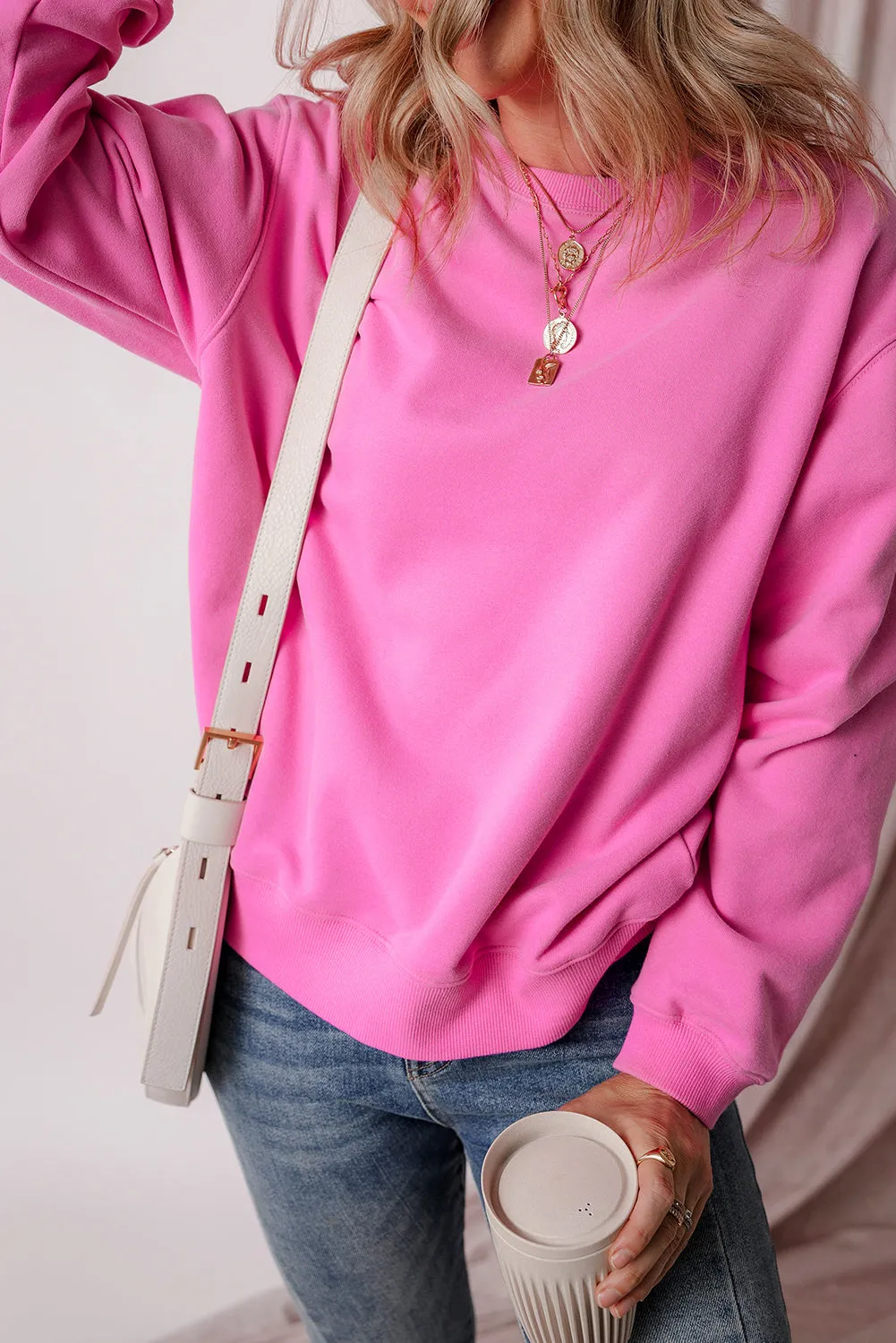 Cozy Meadow Mauve Fleece-Lined Drop Shoulder Terry Sweatshirt