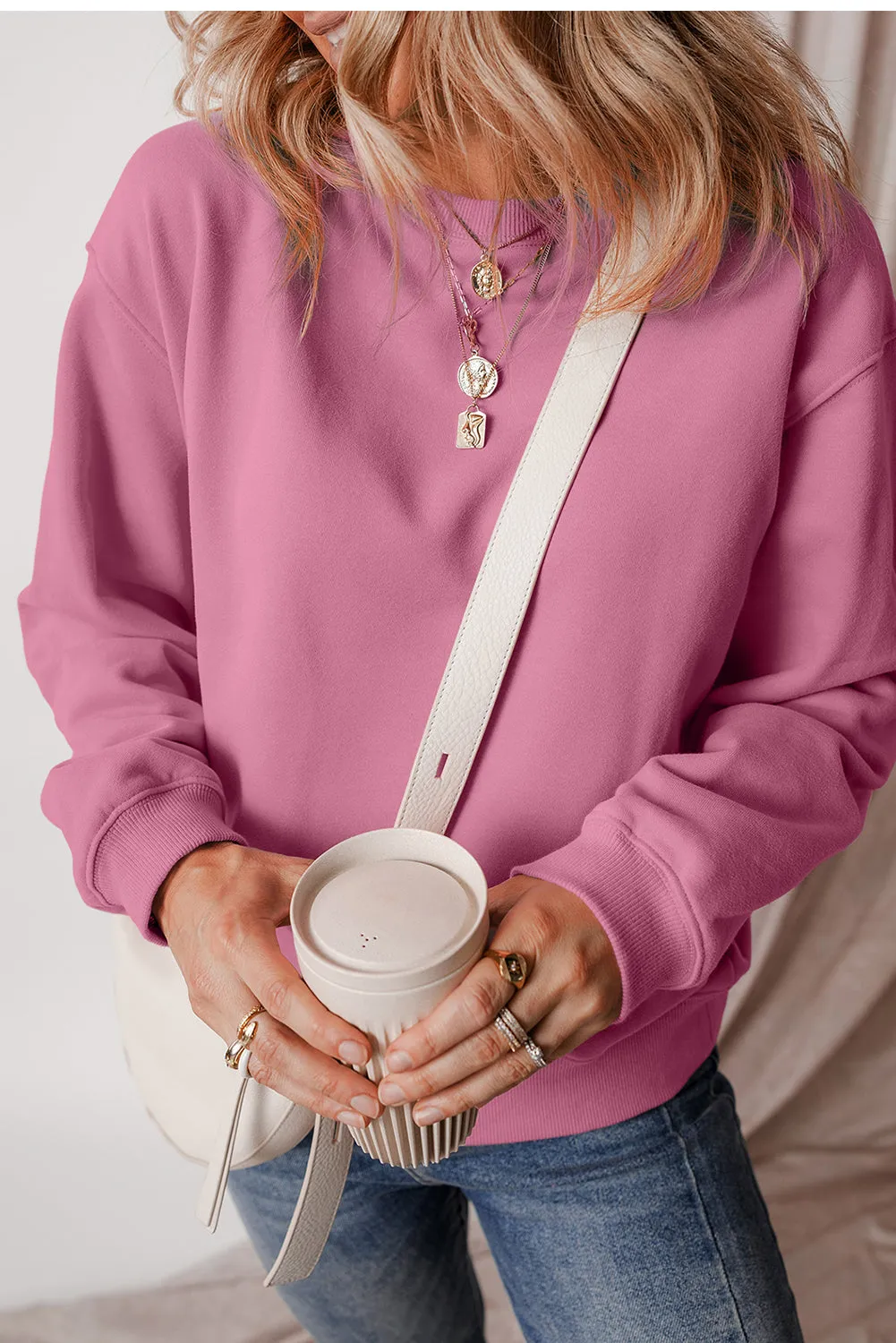 Cozy Meadow Mauve Fleece-Lined Drop Shoulder Terry Sweatshirt