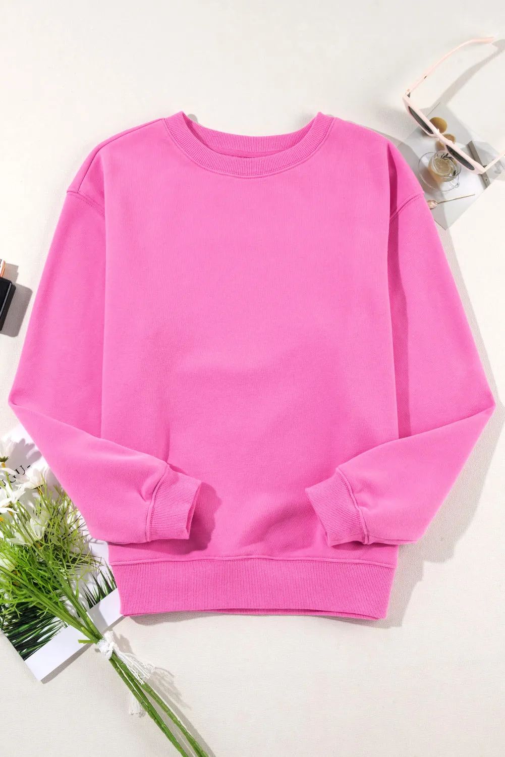 Cozy Meadow Mauve Fleece-Lined Drop Shoulder Terry Sweatshirt