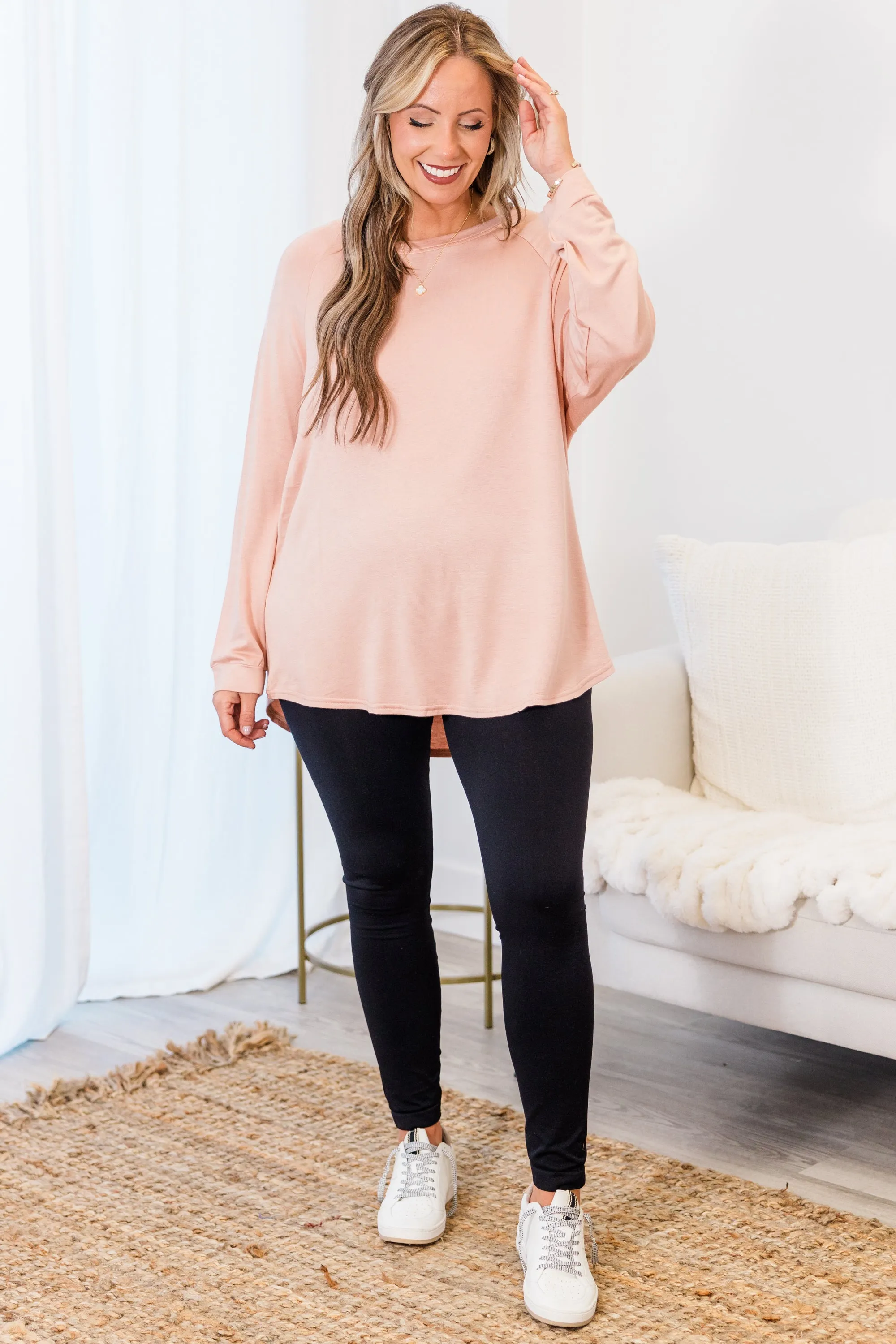 Curved Hem Slouchy Dolman Tunic, Blush Fleece