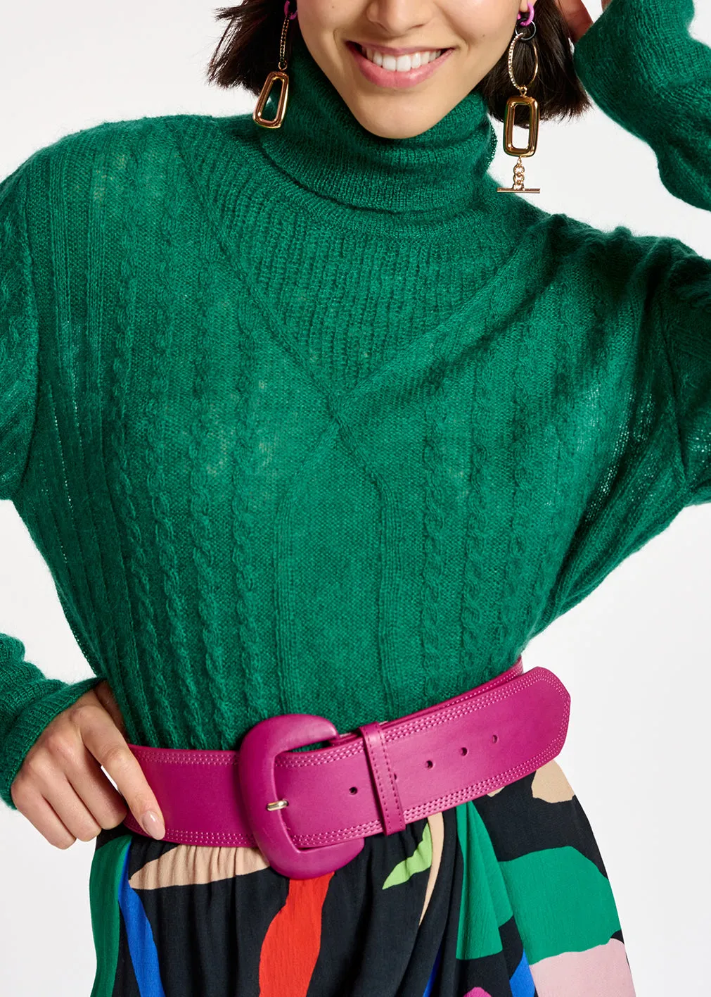 Dark green cable-knitted turtleneck sweater