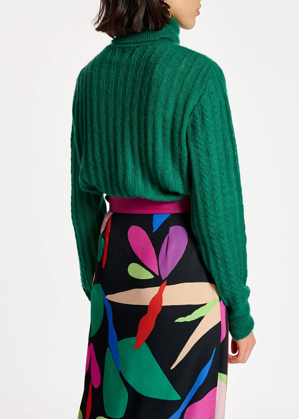 Dark green cable-knitted turtleneck sweater