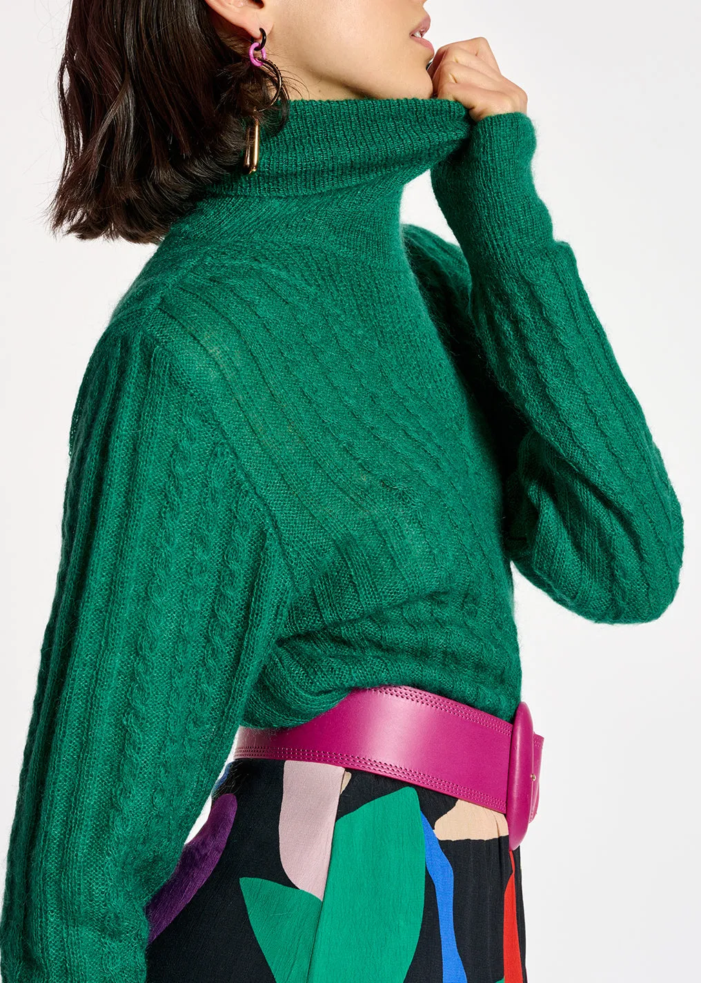 Dark green cable-knitted turtleneck sweater