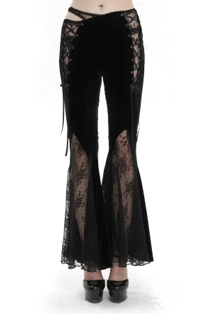 Elegant Cutout Velvet Flared Pants / Gothic Lace-Up Lace Black Trousers for Women