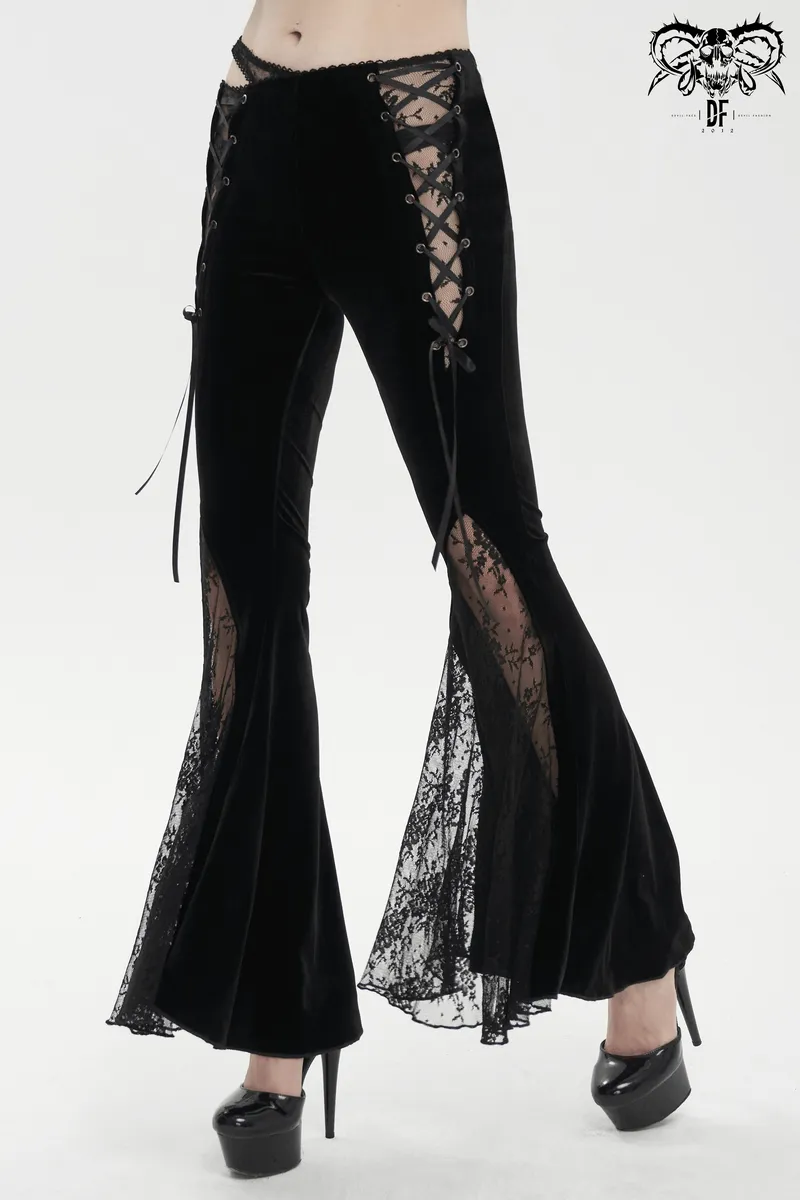 Elegant Cutout Velvet Flared Pants / Gothic Lace-Up Lace Black Trousers for Women