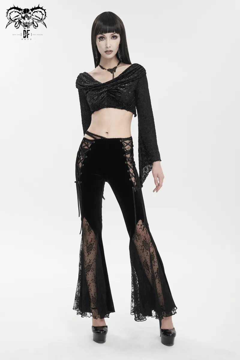 Elegant Cutout Velvet Flared Pants / Gothic Lace-Up Lace Black Trousers for Women