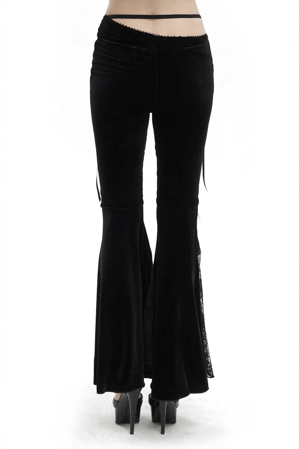 Elegant Cutout Velvet Flared Pants / Gothic Lace-Up Lace Black Trousers for Women