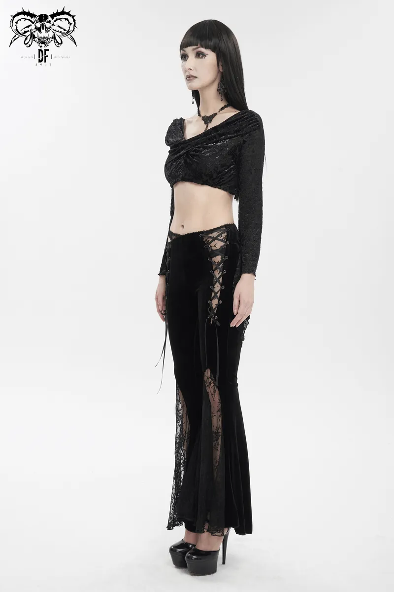 Elegant Cutout Velvet Flared Pants / Gothic Lace-Up Lace Black Trousers for Women