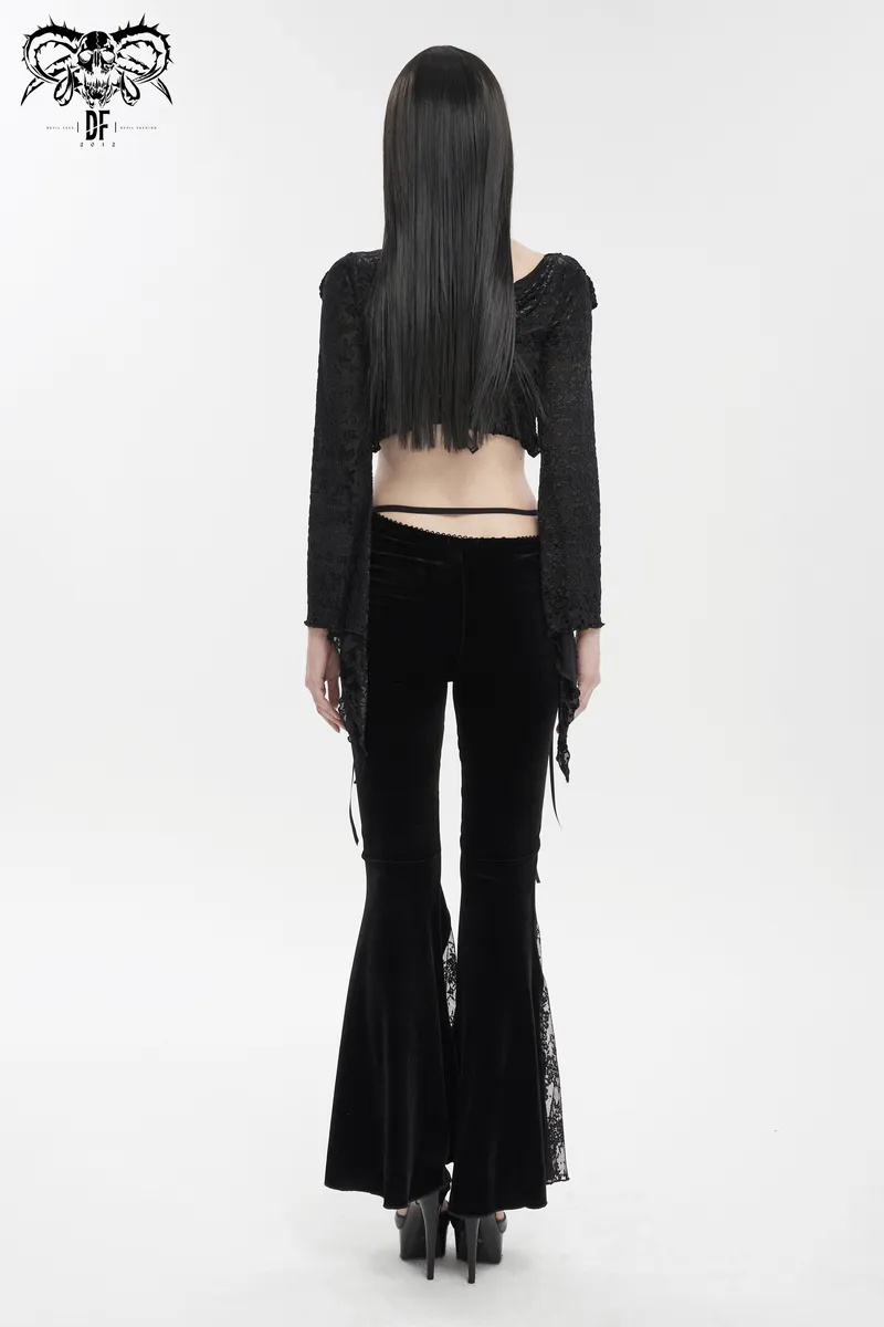 Elegant Cutout Velvet Flared Pants / Gothic Lace-Up Lace Black Trousers for Women