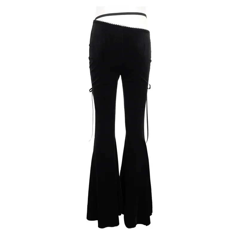 Elegant Cutout Velvet Flared Pants / Gothic Lace-Up Lace Black Trousers for Women