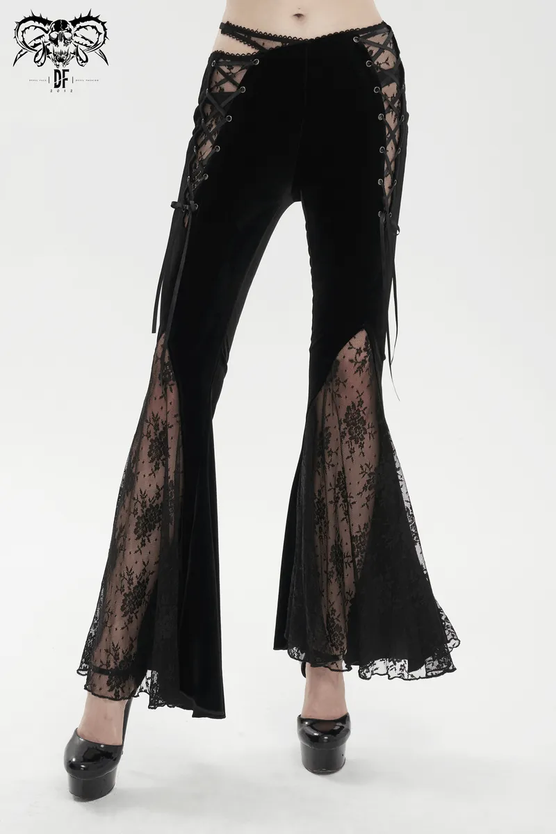 Elegant Cutout Velvet Flared Pants / Gothic Lace-Up Lace Black Trousers for Women