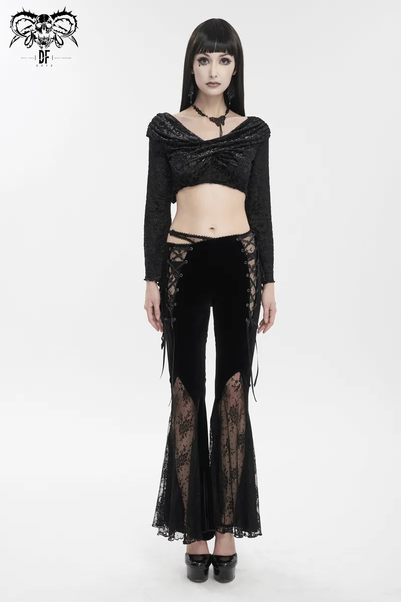 Elegant Cutout Velvet Flared Pants / Gothic Lace-Up Lace Black Trousers for Women