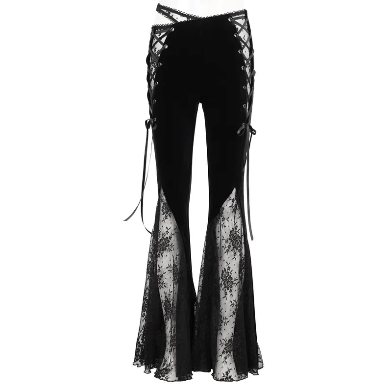 Elegant Cutout Velvet Flared Pants / Gothic Lace-Up Lace Black Trousers for Women