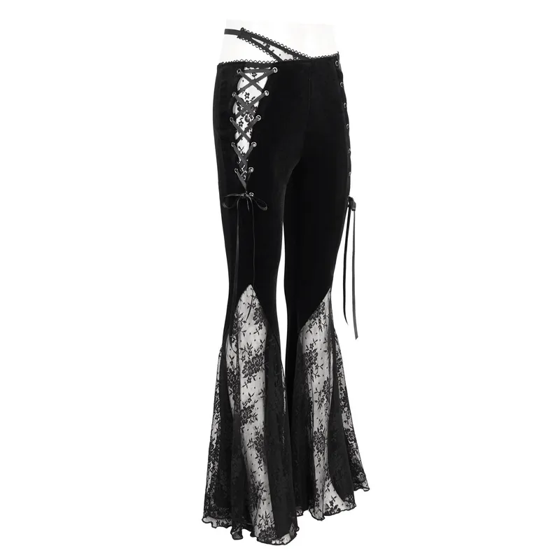 Elegant Cutout Velvet Flared Pants / Gothic Lace-Up Lace Black Trousers for Women