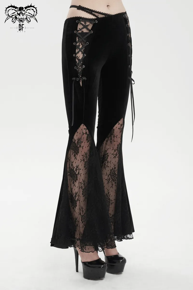 Elegant Cutout Velvet Flared Pants / Gothic Lace-Up Lace Black Trousers for Women